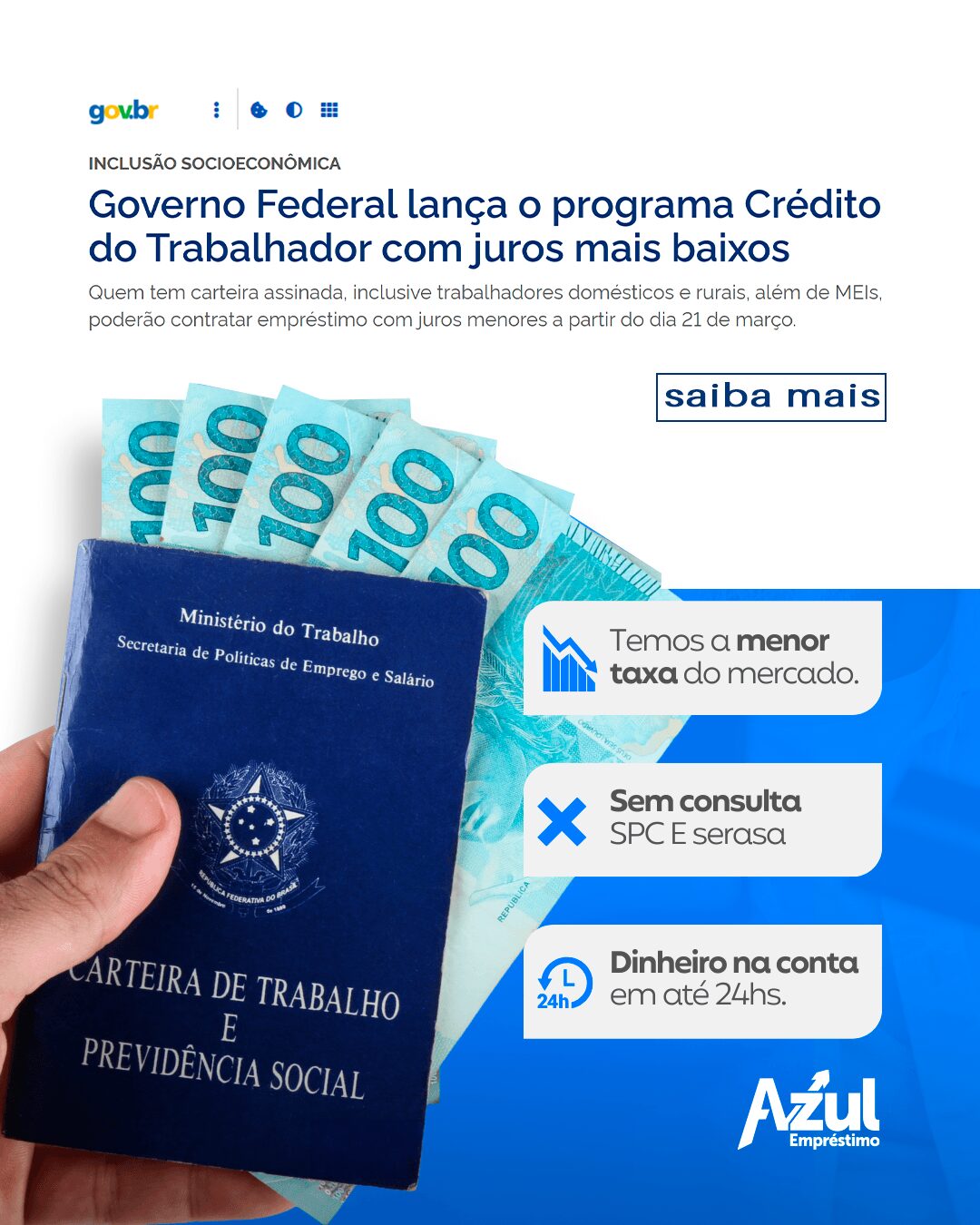 A Azul empréstimos traz em primeira mão para você o Crédito do Trabalhador, com parcelas descontadas no salário. O Crédito do Trabalhador é um empréstimo com desconto automático das parcelas no salário voltado somente para pessoas que têm vínculo empregatício sob o regime da CLT. Vantagens a